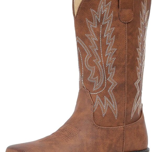 Cowboy Boots Women Faux Leather Square Toe Mid Calf Embroidered Western - Picture 7 of 8